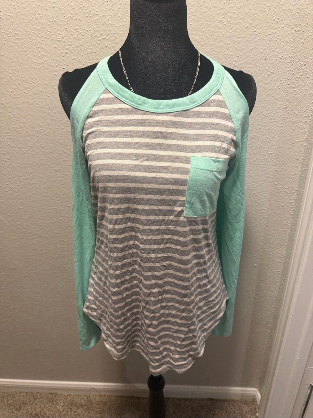 C Mint and Gray Striped Raglan Long Sleeve Top